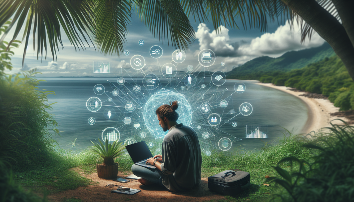 alt_text: A digital nomad works remotely on a laptop, surrounded by tropical scenery and business icons.