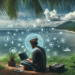 alt_text: A digital nomad works remotely on a laptop, surrounded by tropical scenery and business icons.