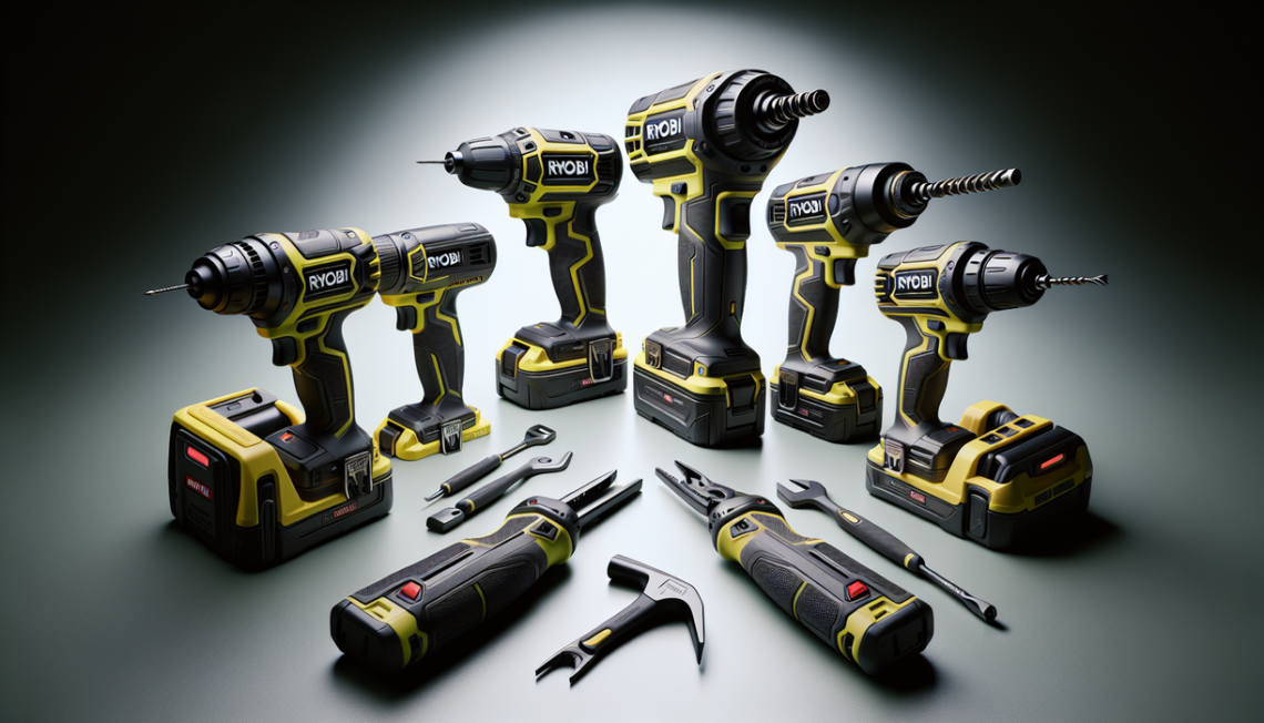 alt_text: Five Ryobi tools designed for comfort, showcased with ergonomic features to reduce back strain.