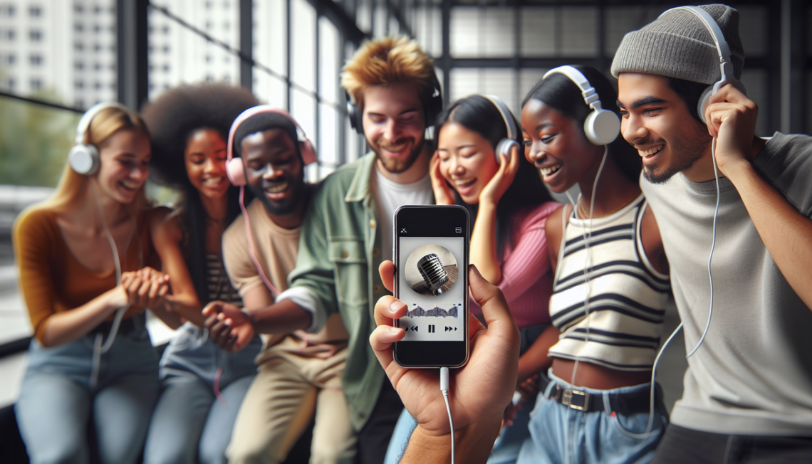 alt_text: Group of friends enjoying music together on headphones with Spotify app open on a phone.