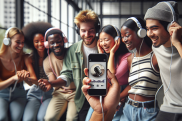 alt_text: Group of friends enjoying music together on headphones with Spotify app open on a phone.