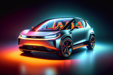 alt_text: Close-up of a Rivian R2 electric vehicle with vibrant colors, suggesting innovation and growth.