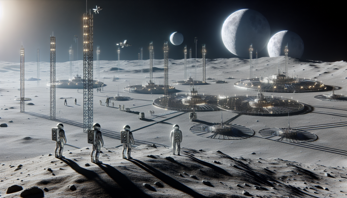 alt_text: A futuristic lunar landscape with structures, spacecraft, and humans, hinting at space law challenges.