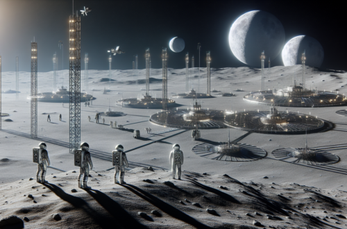 alt_text: A futuristic lunar landscape with structures, spacecraft, and humans, hinting at space law challenges.