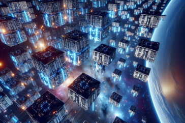 alt_text: Futuristic data centers are floating in space, orbiting Earth with glowing tech structures.