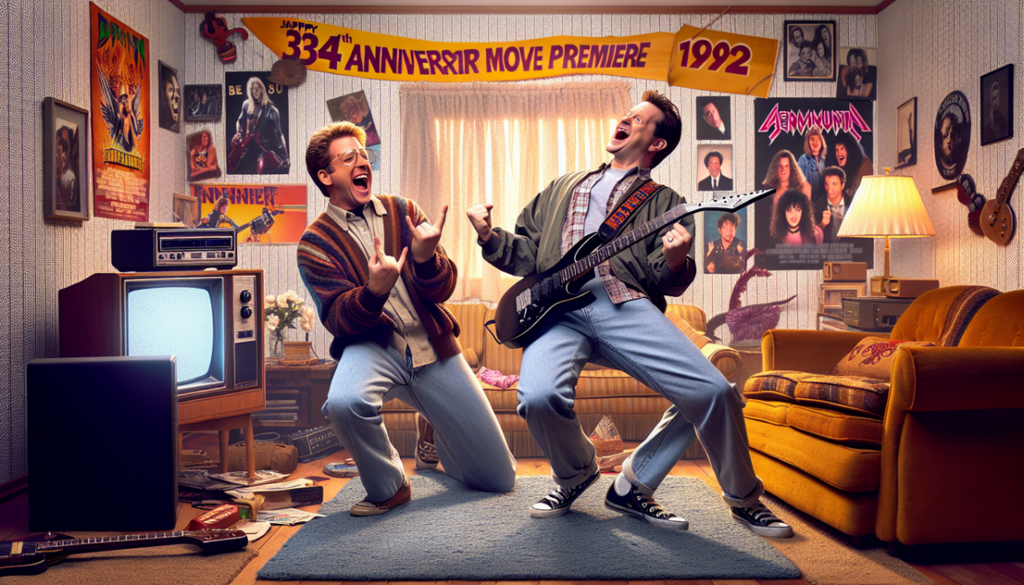 alt_text: Wayne and Garth rock out in iconic comedy scene from "Wayne's World".