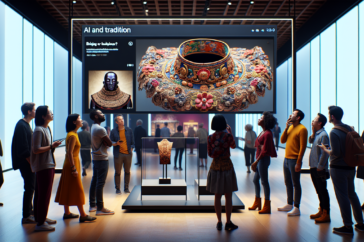 alt_text: A confused museum-goer misinterprets an abstract artwork due to misleading contextual signage.