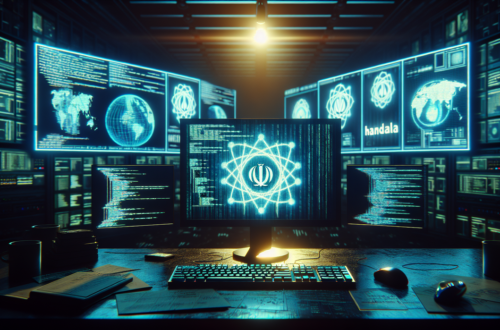 alt_text: A futuristic cityscape under cyber attack with defense systems and holographic displays active.