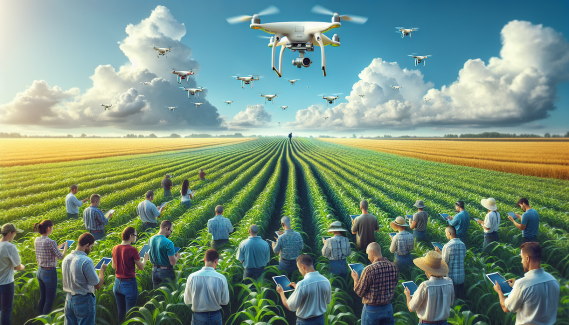 alt_text: A drone hovers over a farm, showcasing advanced technology for precision agriculture.