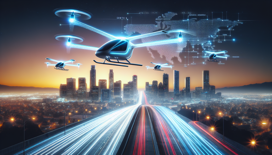 alt_text: Electric air taxis soar over a cityscape, showcasing cutting-edge technology in urban transport.