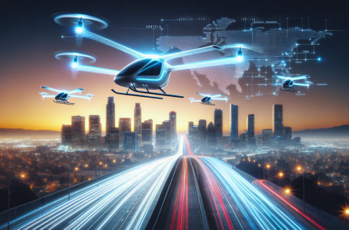alt_text: Electric air taxis soar over a cityscape, showcasing cutting-edge technology in urban transport.