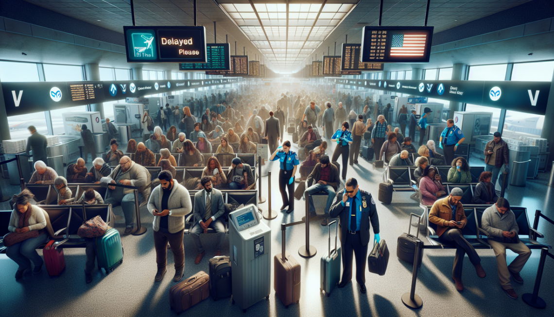 "alt_text": "Passengers face long waits at airport security during government shutdown chaos."