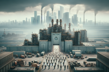 alt_text: EV battery plant restructuring with workers affected by recent layoffs, machinery in the background.