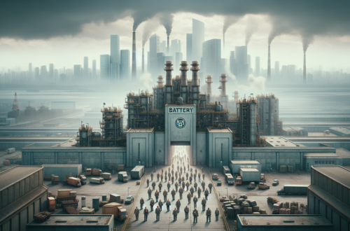 alt_text: EV battery plant restructuring with workers affected by recent layoffs, machinery in the background.