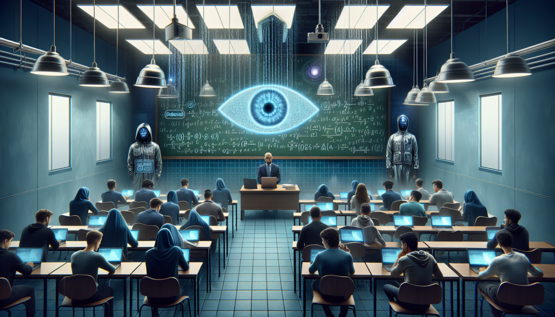 alt_text: "School setting with students and a teacher discussing AI detectors, reflecting classroom concerns."