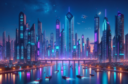 alt_text: A group of futuristic sneakers with AI-themed designs and glowing accents on display.