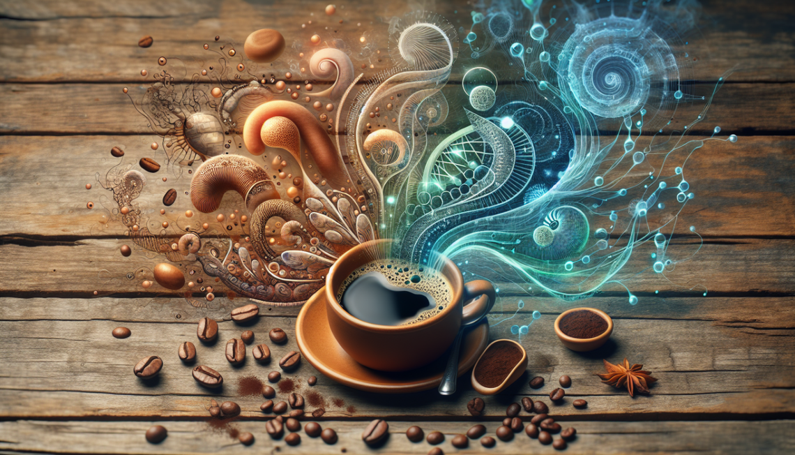 alt_text: "Illustration of coffee cup with gut microbiome interaction elements surrounding it."
