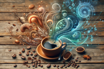 alt_text: "Illustration of coffee cup with gut microbiome interaction elements surrounding it."