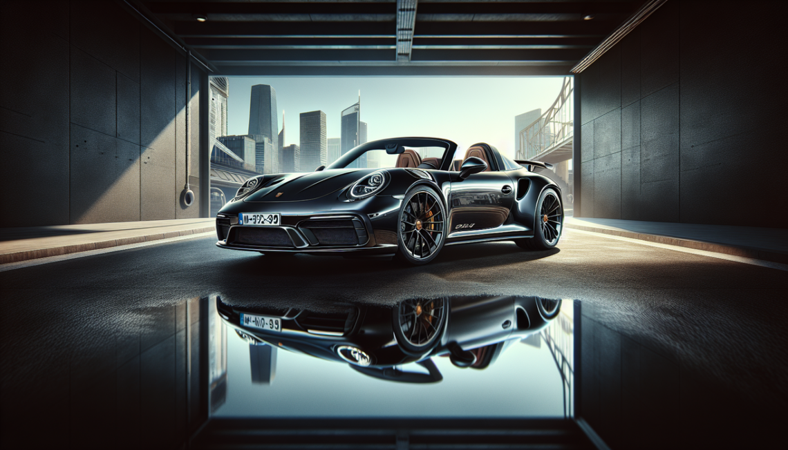 alt_text: "Rare Porsche 911 Targa GTS parked on a scenic overlook with mountains in the background."